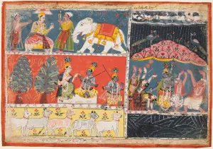 Color On Paper Prints: A page from the Bhagavata Purana: Indra sends a torrent of rain; Krishna lifts Mt