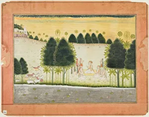 Page from a Bhagavata Purana: Nanda and the elders in council with the gopas, c. 1690-1700 Page from a Bhagavata Purana: Nanda and the elders in council with the gopas, c. 1690-1700