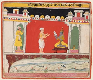 Color On Paper Prints: A page from a Bhagavata Purana series: A Brahmin gives Krishna the message or invitation
