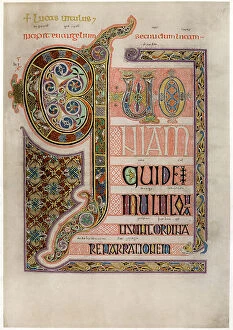 7th Century Gallery: Page of illuminated text from the Gospel of St Luke, c700