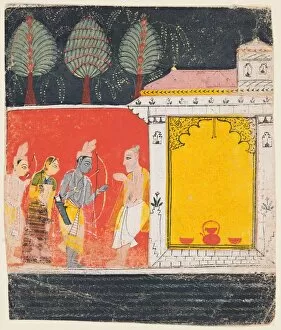 Central India Gallery: A page from a Ramayana: A night scene of Rama, Lakshman and Sita before the rishi