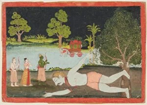 A page from a Ramayana: Rama, Lakshman and Sita before a slain giant, c. 1770. Creator: Unknown