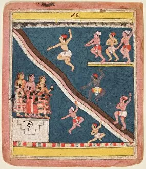 A page from Rasikapriya of Kesava Das: Krishna and the Gopas Dive into a pond, c. 1640