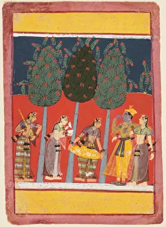 Color On Paper Prints: A page from a Rasikapriya series: Krishna and Radha and the Sakhis with musical instruments