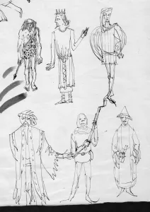 Caveman Prints: Page of sketches, people in period costume, c1950. Creator: Shirley Markham