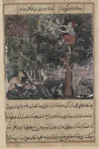Page from Tales of a Parrot (Tuti-nama): Fifth night: The hunter throws away the baby
