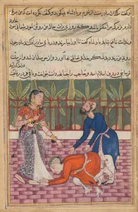 Page from Tales of a Parrot (Tuti-nama): Fiftieth night: The guard restores the son