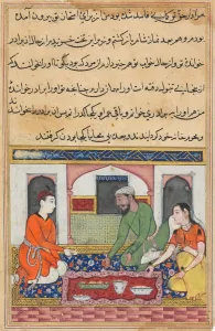 Ink And Gold On Paper Collection: Page from Tales of a Parrot (Tuti-nama): Fortieth night: Shahr-Arai and her husband
