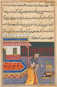 Reign Of Akbar Prints: Page from Tales of a Parrot (Tuti-nama): Forty-first night: The parrot addresses Khujasta