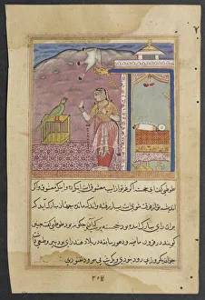 Reign Of Akbar Prints: Page from Tales of a Parrot (Tuti-nama): Forty-fourth night: The parrot addresses
