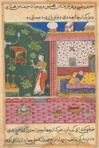 Page from Tales of a Parrot (Tuti-nama): Thirtieth night: The parrot addresses Khujasta