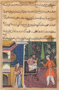 Mughal India Prints: Page from Tales of a Parrot (Tuti-nama): Thirty-fifth night: The Brahman gives... c