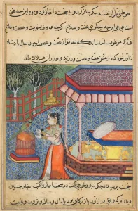 Reign Of Akbar Prints: Page from Tales of a Parrot (Tuti-nama): Thirty-sixth night: The parrot addresses Khujasta