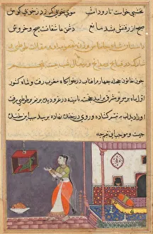 Reign Of Akbar Prints: Page from Tales of a Parrot (Tuti-nama): Twenty-fifth night: The parrot addresses Khujasta