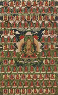 Symmetrical Collection: Painted Banner (Thangka) of Amitayus Buddha Surrounded by One Hundred Buddhas