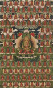 Serenity Prints: Painted Banner (Thangka) of Amitayus Buddha Surrounded by One Hundred Buddhas