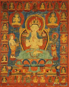 Buddhist Prints: Painted Banner (Thangka) of Bodhisattva Maitreya Surrounded by his Retinue, 16th century