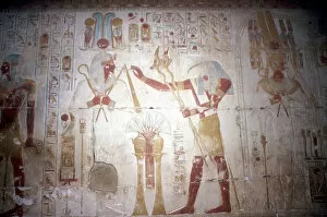 Abydos Collection: Painted relief of the Pharaoh before Thoth (Ibis-headed god), Temple of Sethos I, Egypt, c1280 BC
