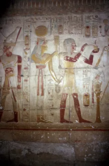 Abydos Collection: Painted relief of Sethos and Isis-Hathor, Temple of Sethos I, Abydos, Egypt, 19th Dynasty, c1280 BC