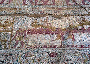 Painted Prints: Painted relief showing a Ra sun boat carried in a procession, Ancient Egyptian