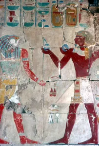 Detail of painted relief of Tuthmosis III before Horus, Temple of Hatshepsut, Luxor, 15th centuryBC