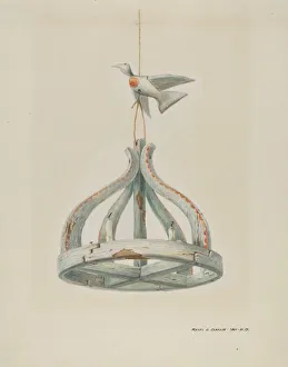 One painted, Wooden Candelabrum, with Dove, c. 1937. Creator: Majel G. Claflin