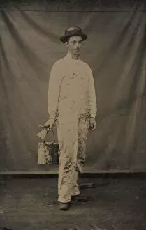 Painter in Paint-spattered Overalls with Brushes and Paint Can, 1870s-80s