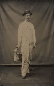 Painter in Paint-spattered Overalls with Brushes and Paint Can, 1870s-80s Painter in Paint-spattered Overalls with Brushes and Paint Can, 1870s-80s
