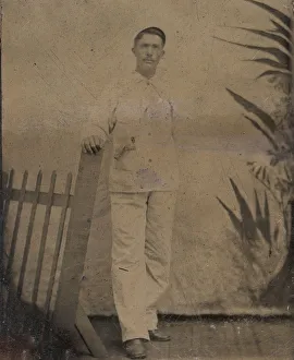Ferrotype Prints: Painter Resting His Hand on Picket Fence, 1860s-80s. Creator: Unknown
