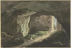 Jean Prints: A painter walks with his drawing board into a rock cave that can be closed off by a massive gate