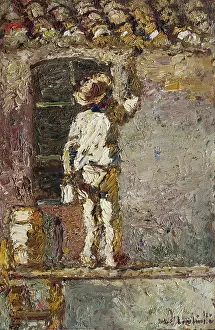 Dais Prints: A painter at work on a house wall, 1875. Creator: Adolphe Monticelli