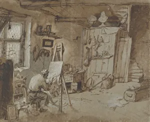 Pen And Brown Ink Prints: A Painter at Work in his Studio, 1663-77. Creator: Thomas Wijck
