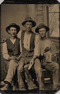 Three Painters, with Brushes and a Can of Paint, in Front of a Painted Window Backdrop Three Painters, with Brushes and a Can of Paint, in Front of a Painted Window Backdrop