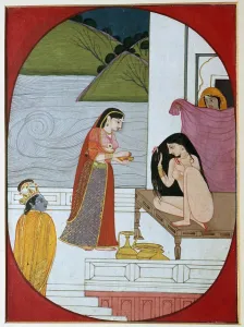 Krishna Prints: Painting of the god Khrishna watching Radha at her bath, 19th century