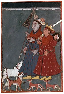 Mandi Prints: Painting of the gods Siva and Khrishna accompanied by a bull, tiger, and jackals