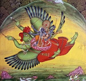 Rajasthan Collection: Painting of Vishnu and his consort Lakshmi riding on the bird-god Garuda