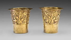 Beaker Prints: Pair of Beakers Depicting Birds in a Cornfield, A. D. 1100 / 1438. Creator: Unknown