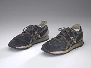 Pair of blue sneakers worn by Wellington Webb while campaigning, 1991. Creator: ASICS