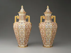 Aestheticism Prints: Pair of Covered Vases, England, c. 1885. Creator: Crown Derby