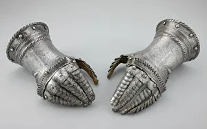 Steel And Leather Prints: Pair of Fingered Gauntlets, Flanders, c. 1520. Creator: Unknown