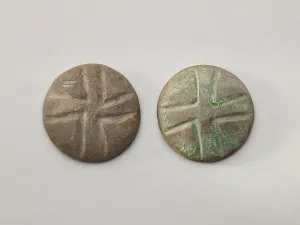 Ageing Prints: Pair of gaming disks with cross design, 1200-1400. Creator: Unknown