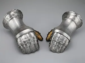Pair of Mitten Gauntlets, Flanders, c. 1520 with modern restorations. Creator: Unknown Pair of Mitten Gauntlets, Flanders, c. 1520 with modern restorations. Creator: Unknown