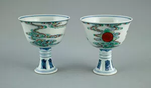 Pair of Stem Cups with Sun amid Clouds and Stylized Characters for Long Life (Shou)