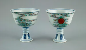 Stylized Prints: Pair of Stem Cups with Sun amid Clouds and Stylized Characters for Long Life (Shou)