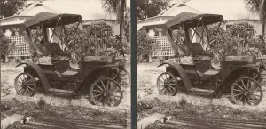 Horseless Carriage Prints: Pair of Stereograph Views of Early Automobiles, 1902-3. Creator: CH Graves