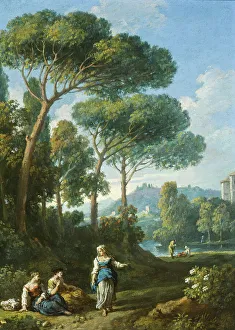 Pair Of Prints: One of a Pair of Views of the Roman Campagna with Figures Conversing