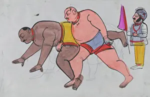 Wrestling Prints: A pair a wrestlers with referee. Creator: Unknown