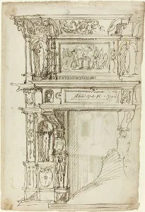 Chimneypiece Prints: Palatial Mantelpiece with a Scene of Ancient Sacrifice [recto], 1571. Creator: Unknown