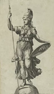Pallas Athena standing on a globe, a spear in her left hand, a shield in her right, ... ca. 1520-27