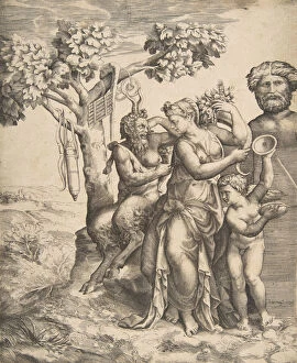 Pan at the left seated next to a standing nymph, to the right Cupid holding cymbals